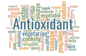 Illustration in the form of a cloud of words related to antioxidant.