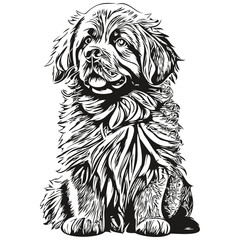 Newfoundland dog engraved vector portrait, face cartoon vintage drawing in black and white