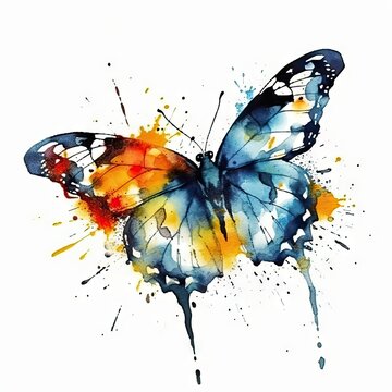Beautiful colorful watercolor butterfly with flowers. Hand drawn bright and vibrant watercolor painting.