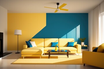 Modern yellow and blue interior, open space with design modular sofa, furniture, coffee table, pillows, tropical plant and elegant accessories in stylish home decor. Neutral living room. Generative AI