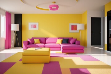 Modern interior design, yellow and pink colors in a spacious room, next to a table with flowers against a gray wall. Bright room with a comfortable sofa, plants and elegant accessories. Generative AI