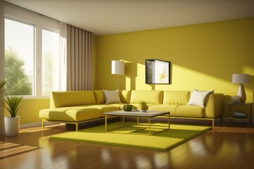 Modern yellow and green interior, open space with design modular sofa, furniture, coffee table, pillow, tropical plant and elegant accessories in stylish home decor. Neutral living room. Generative AI