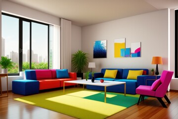 Modern interior design, multi colors in a spacious room, next to a table with flowers against a gray wall. Colorful Bright room with a comfortable sofa, plants and elegant accessories. Generative AI