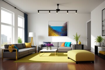 Modern interior design, multi colors in a spacious room, next to a table with flowers against a gray wall. Colorful Bright room with a comfortable sofa, plants and elegant accessories. Generative AI
