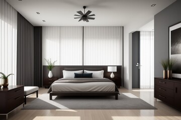 Naklejka na ściany i meble Modern minimalist bedroom interior design with grey furniture, oak floor in Scandinavian style. Aesthetic simple interior design concept. Large windows. Generative AI