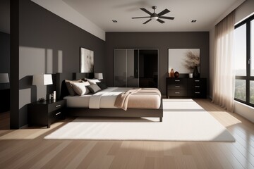 Naklejka na ściany i meble Modern luxury bedroom interior in minimal scandinavian style. Generative AI