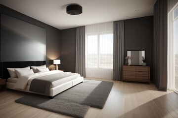 Fototapeta na wymiar Stylish interior of contemporary room with comfortable bed, large windows. modern bedroom interior. Generative AI