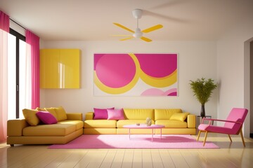 Modern yellow and pink interior, open space with design modular sofa, furniture, coffee table, pillow, tropical plant and elegant accessories in stylish home decor. Neutral living room. Generative AI