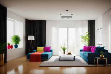 Fototapeta na wymiar Modern colorful interior, open space with design modular sofa, furniture, coffee table, pillow, tropical plant and elegant accessories in stylish home decor. Neutral living room. Generative AI