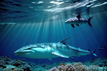Fototapeta premium Beautiful whale underwater in the wild. Underwater world and life, concept. The whale swims in the clear ocean underwater. Blue water. Generative AI
