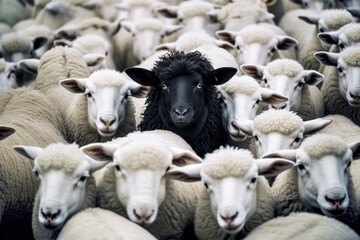 Single black sheep in herd of white ones. Generative AI
