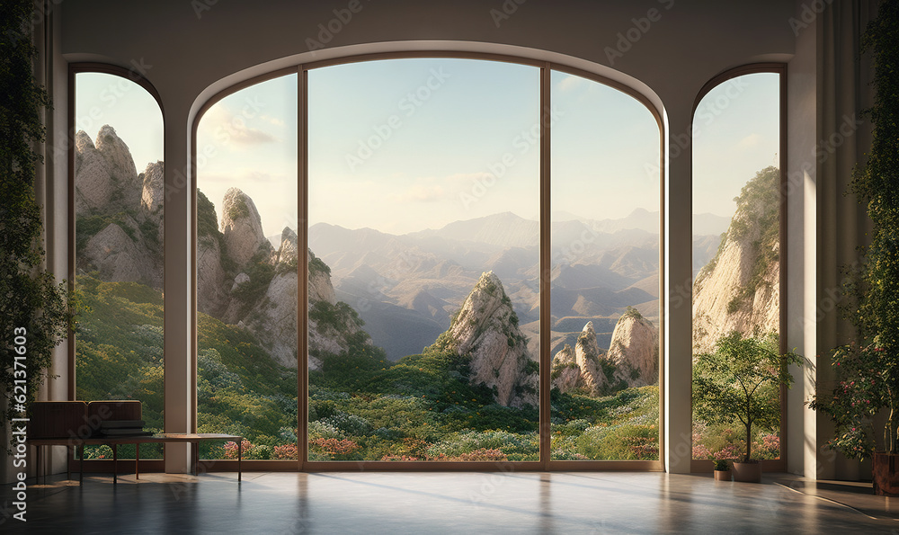 Poster a room with a view of a mountain range outside of it. generative ai