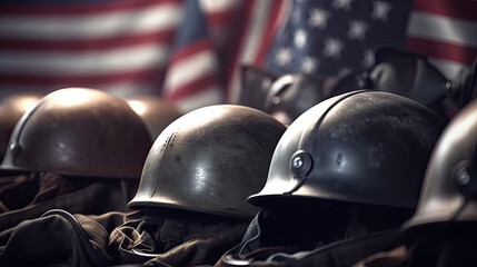 Military helmets and American flag on Veteran Day or Memorial Day