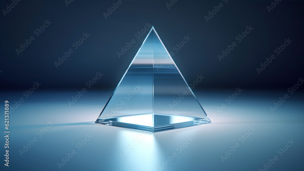 Poster 3d rendering of a crystal pyramid in blue light on a dark background generative ai