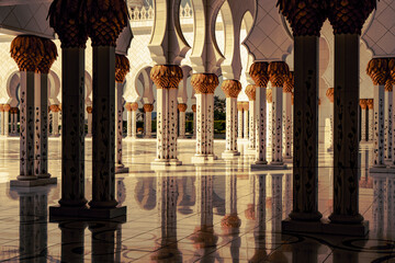 View of the grand Sheikh Zayed mosque columns. Abu Dhabi, United Arab Emirates
