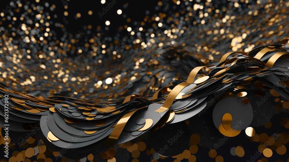 Poster 3d rendering of abstract wavy background with golden and black elements generative ai