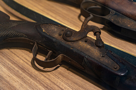 Vintage flintlock pistol close up.