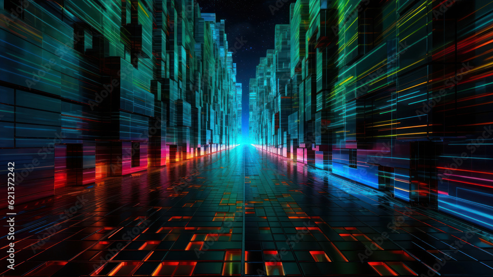 Poster abstract 3d illustration of a futuristic corridor with lights and reflections generative ai