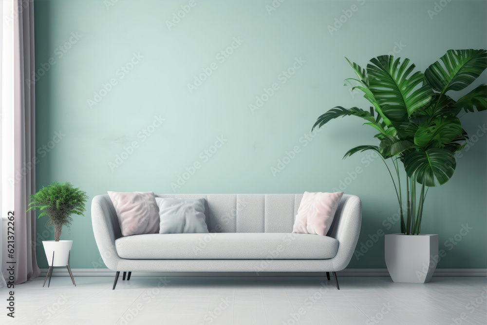 Aufkleber interior with white sofa and plant. 3d rendering mock up generative ai