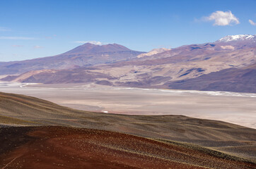 Fototapeta premium Crossing the Andes from Antofagasta de la Sierra to Antofalla - stunning landscape around the salt desert Salar de Antofalla in the Puna highlands