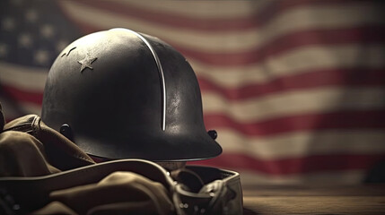 Military helmets and American flag on Veteran Day or Memorial Day
