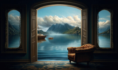 Fototapeta premium a chair sitting in front of an open door to a lake. generative ai