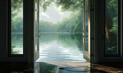  an open door leading to a lake with trees in the background.  generative ai