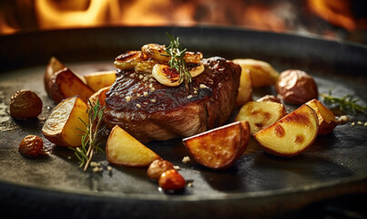 Fototapeta na wymiar a steak and potatoes on a plate in front of a fire. generative ai