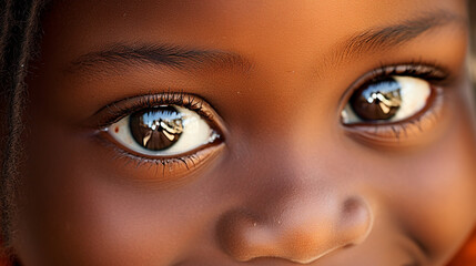 Naklejka premium A close-up photograph of a curious African child, with bright eyes and a captivating smile Generative AI