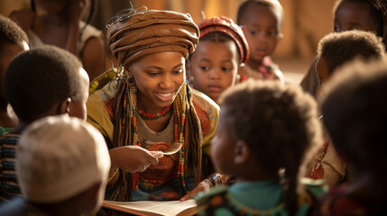 Children from Africa participating in a traditional storytelling session, immersing themselves in the rich oral traditions Generative AI