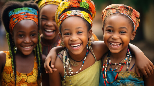 A group of smiling children from Africa, dressed in vibrant traditional attire, radiating joy and pride Generative AI