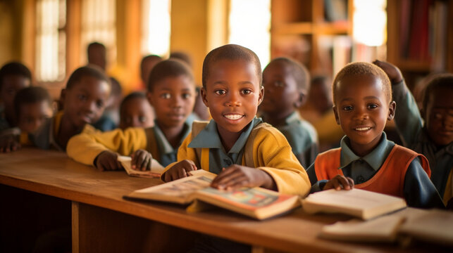 Children from Africa reading and learning together in a community school, highlighting their dedication to education Generative AI - Powered by Adobe