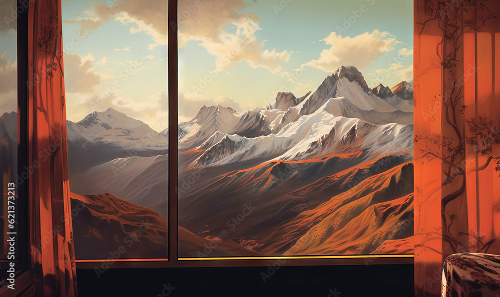 Poster a painting of a mountain range is shown through a window. generative ai