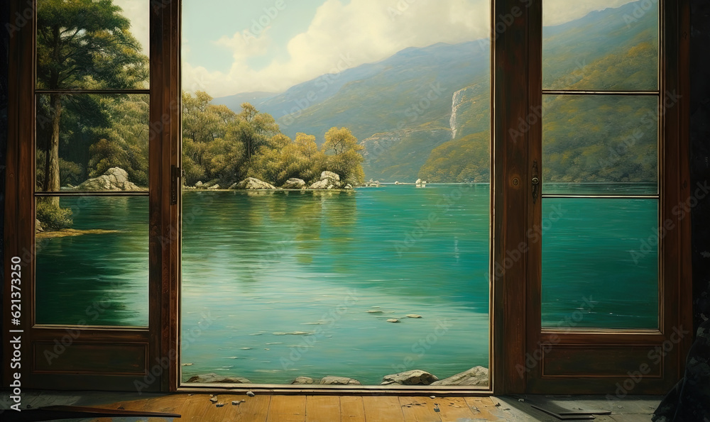 Poster a painting of a lake with mountains in the background and open windows. generative ai