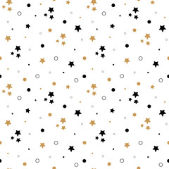 Cute holiday seamless pattern with stars. Black golden stars and circles repeat on white background. Holiday design for card. Vector illustration.