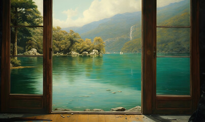  a painting of a lake with mountains in the background and open windows.  generative ai