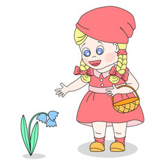 Fairy tale character. Little girl in red dress and red hat with basket in her hand finds a bluebell. Cartoon vector illustration.