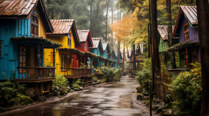 Obraz premium Illustration of colorful bungalows in the autumn forest with wet road, AI Generated