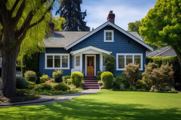 Traditional american house facade in suburb. Facade of old family house with lawn and backyard. Real estate and private property. Created with Generative AI