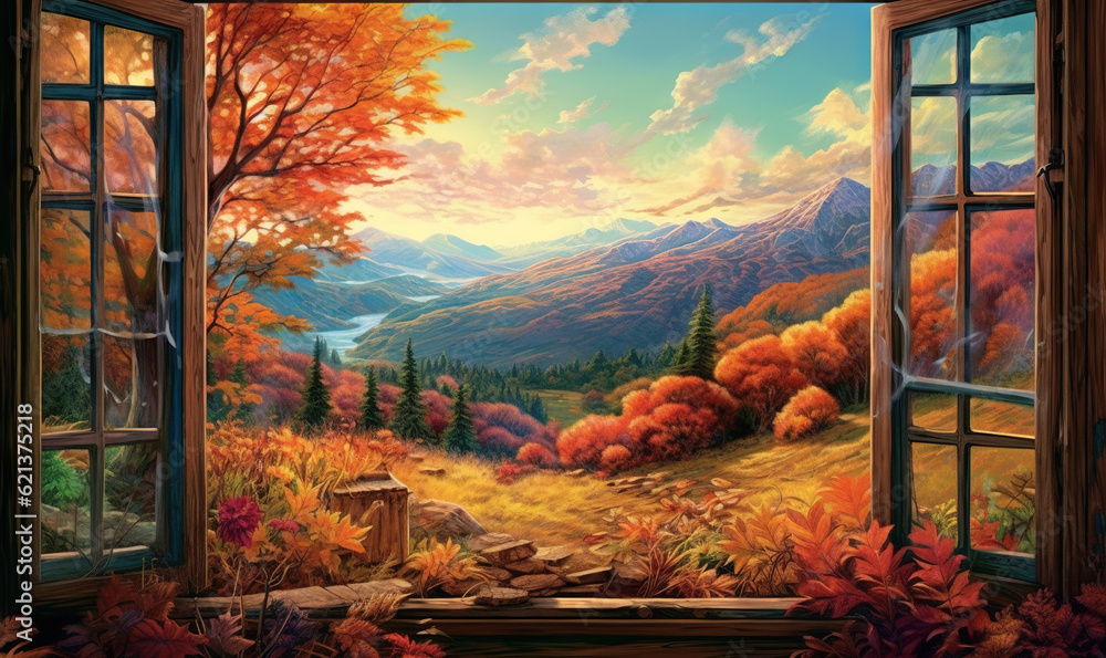 Aufkleber a painting of an open window with a view of a mountain valley. generative ai