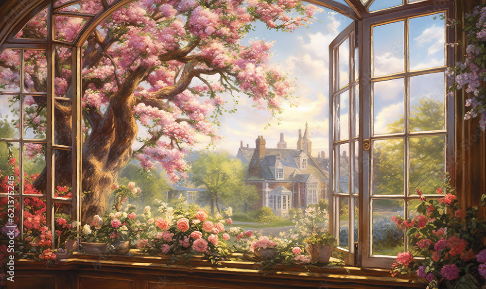 Poster a painting of a window with a view of a castle. generative ai
