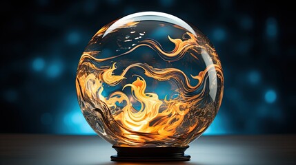 AI-generated illustration of a crystal ball with golden swirls, on a blue background. MidJourney.
