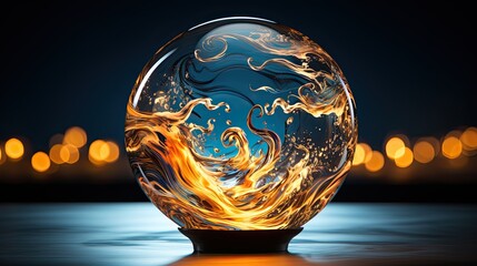 AI-generated illustration of a crystal ball with golden swirls, on a blue background. MidJourney.