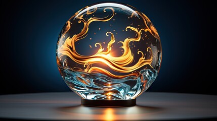 AI-generated illustration of a crystal ball with golden swirls, on a blue background. MidJourney.
