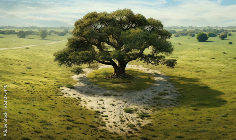 Poster a tree in a grassy field with a path leading to it. generative ai