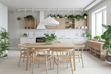 Fototapeta na wymiar Scandinavian kitchen with wooden and white details. Minimalist interior design. Generative AI
