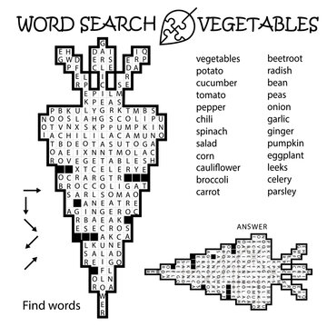 Word Search Crossword Puzzle. Carrot. Autumn. Find the listed words in the puzzle and cross them out. Printable black and white educational activity page. Worksheet. Game for kids, adults