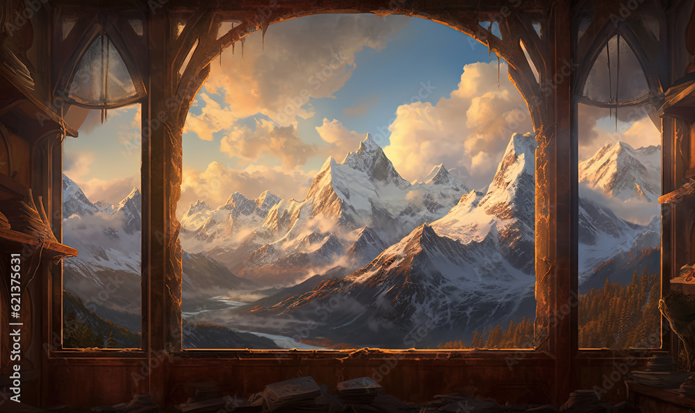 Poster a painting of a mountain view through a window with a view of a snowy mountain. generative ai