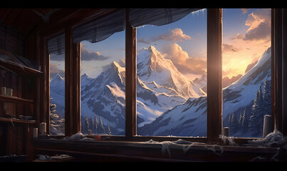  a painting of a snowy mountain outside of a window with a view of the sky.  generative ai