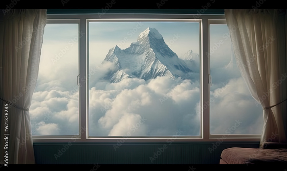Poster a window with a view of a mountain in the clouds. generative ai
